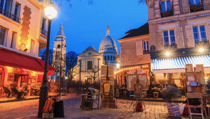 evening in the Place du Tertre and the Sacre-Coeur in Paris, France